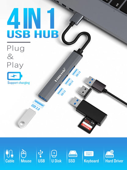 Hub USB Lemorele de Longo Alcance (120cm) com 4 Portas – Alumínio e Conexão Rápida