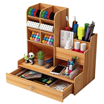 Organizador de Mesa em Madeira Modular DIY com Porta-Canetas e Gaveta Integrada