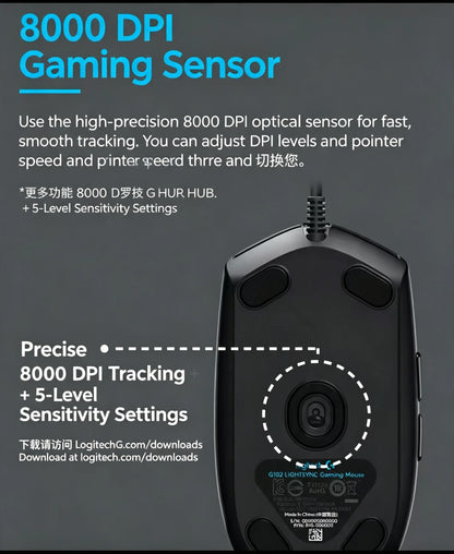 Mouse Gamer Logitech G102 USB com 8000 DPI, 6 Botões Programáveis e RGB