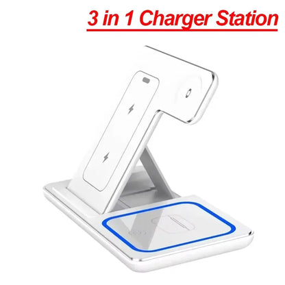 Carregador Sem Fio 3 em 1 Dobrável por Indução – Estação de Carga Rápida 15W para iPhone, Apple Watch e AirPods