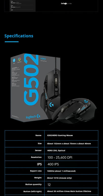 Mouse Gamer Logitech G502 HERO RGB com 11 Botões e 25.600 DPI