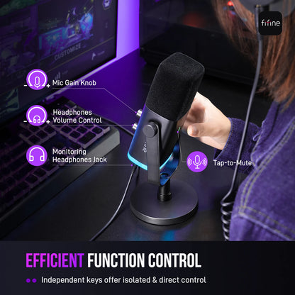 Microfone Dinâmico USB/XLR FIFINE AmpliGame AM8 – Microfone de Mesa com Controle RGB, Botão Touch-Mute, Saída para Fone e Suporte Integrado para Games, Streaming e Podcasts