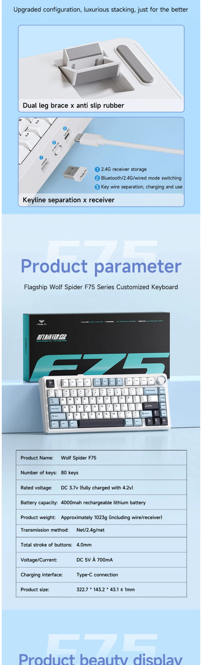 Teclado Mecânico Gamer AULA F75 75% RGB Tri-Mode 2.4G Bluetooth USB