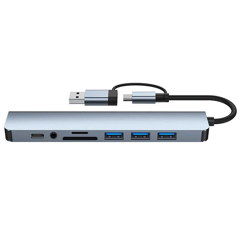 Hub Docking Station 8 em 2 USB + Type-C com Entrada de Áudio 3.5mm e Leitor de Cartão
