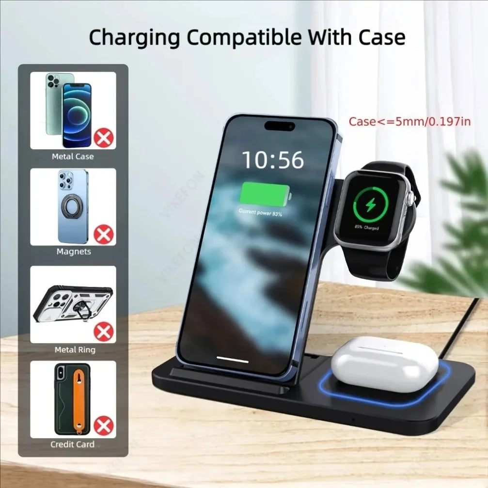 Carregador Sem Fio 3 em 1 Dobrável VIKEFON – Estação de Recarga Rápida 15W para iPhone, Apple Watch e AirPods