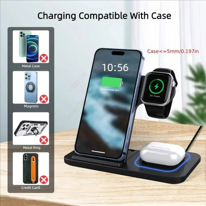 Carregador Sem Fio 3 em 1 Dobrável por Indução – Estação de Carga Rápida 15W para iPhone, Apple Watch e AirPods