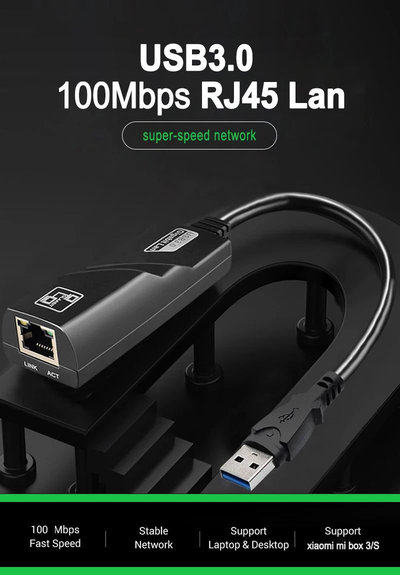 Adaptador Placa de Rede Externa USB 3.0 para Rede Cabeada RJ45 LAN Ethernet 10/100 Mbps
