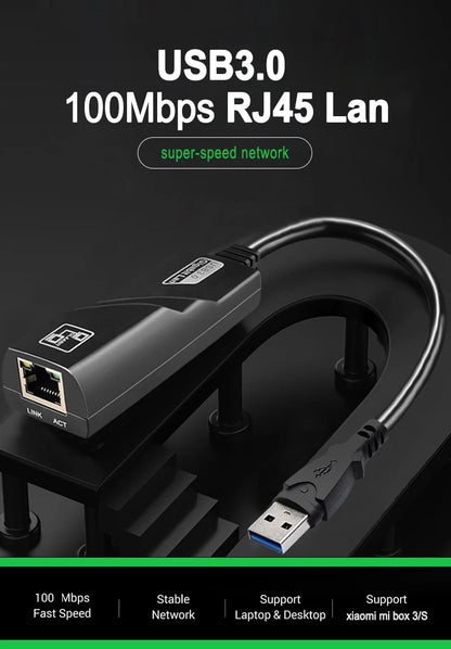 Adaptador Placa de Rede Externa USB 3.0 para Rede Cabeada RJ45 LAN Ethernet 10/100 Mbps