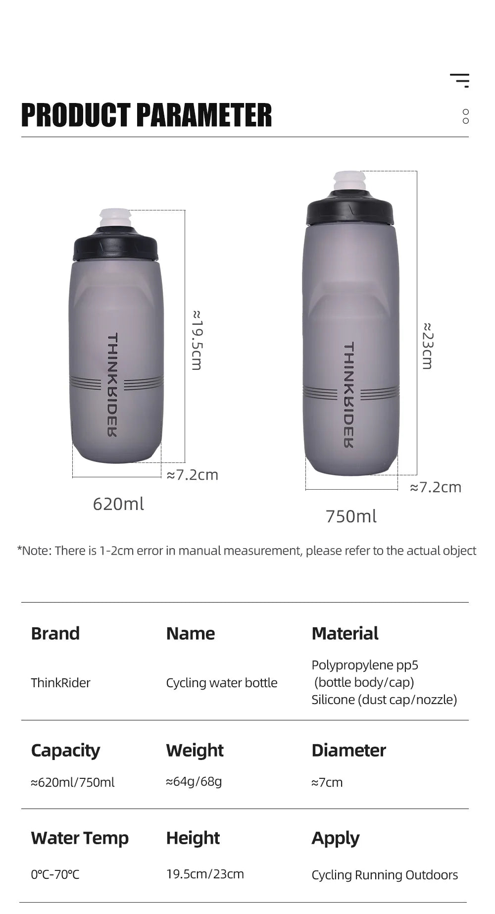 Caramanhola Squeeze ThinkRider em Polipropileno PP5 com Válvula Squeeze Jet e Protetor Contra Poeira (620ml / 750ml)