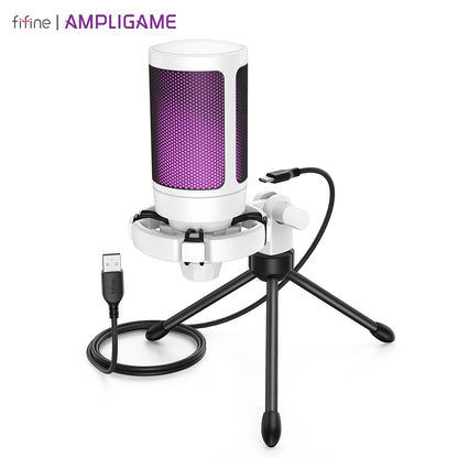 Microfone Condensador USB RGB AmpliGame A2 – Microfone de Mesa com Botão Touch-Mute, Suporte Tripé Integrado e Redução de Ruído para Streamers, Gamers, PC e PS5