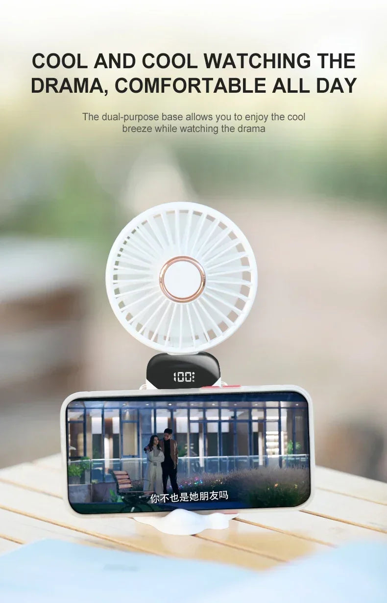 Mini Ventilador Portátil de Mão e Pescoço OIMG N15 Dobrável com Display LED e Suporte para Celular