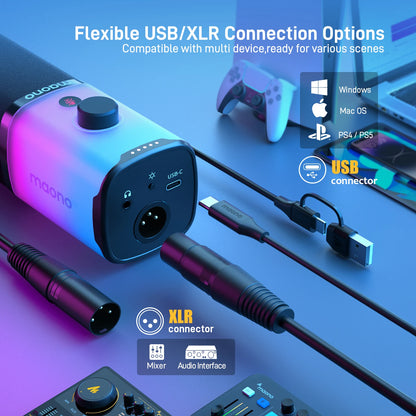 Microfone Dinâmico de Alta Performance MAONO PD100X – Conexão Híbrida USB/XLR, Estúdio de Gravação, Filtro Digital de Ruído e Iluminação RGB Customizável
