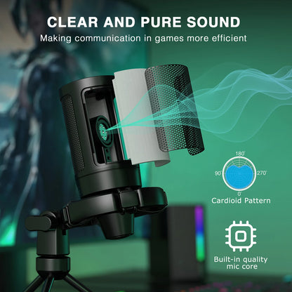 Microfone Condensador USB RGB AmpliGame A2 – Microfone de Mesa com Botão Touch-Mute, Suporte Tripé Integrado e Redução de Ruído para Streamers, Gamers, PC e PS5