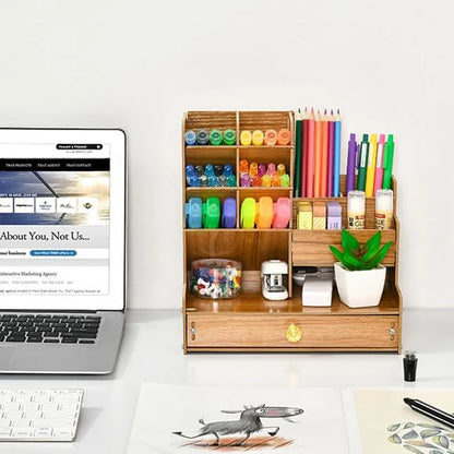 Organizador de Mesa em Madeira Modular DIY com Porta-Canetas e Gaveta Integrada