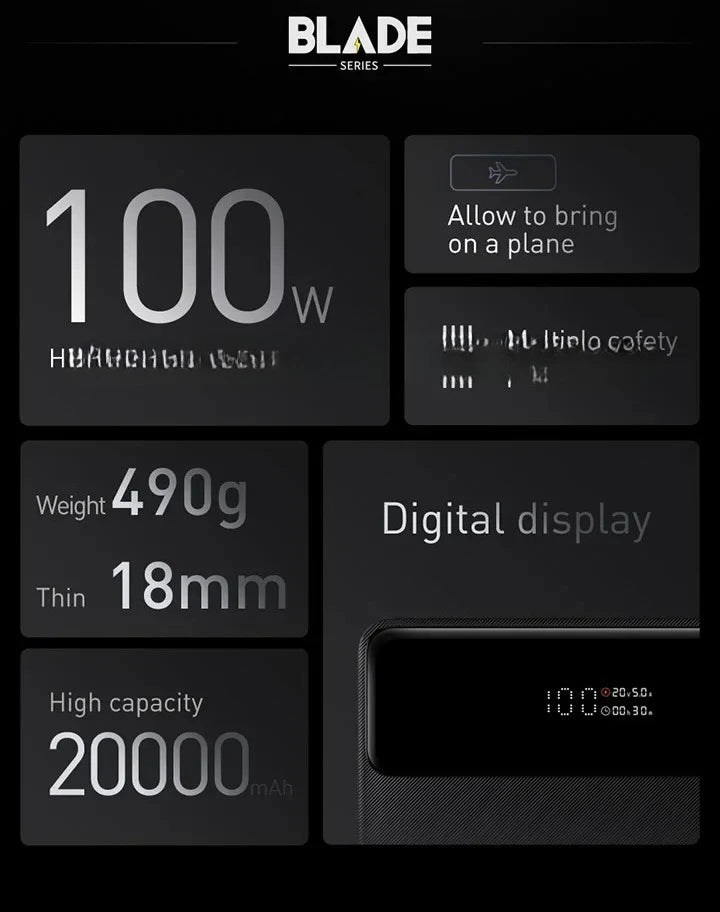 Power Bank Baseus Blade 20000mAh 100W Ultra-Slim com Display Digital Inteligente
