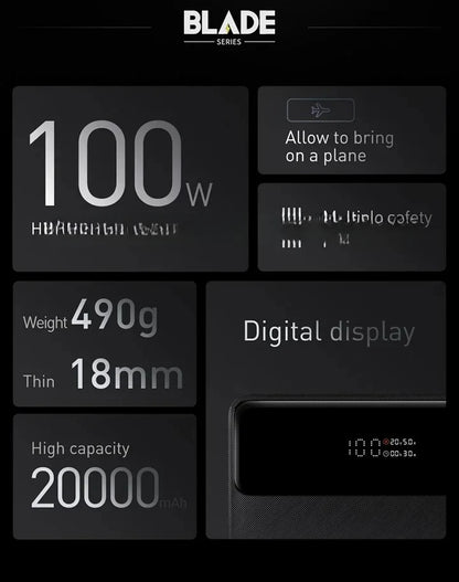 Power Bank Baseus Blade 20000mAh 100W Ultra-Slim com Display Digital Inteligente