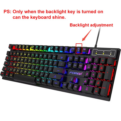Kit Teclado Mecânico Gamer 104 Teclas Retroiluminado Rainbow e Mouse Com Fio – À Prova de Respingos