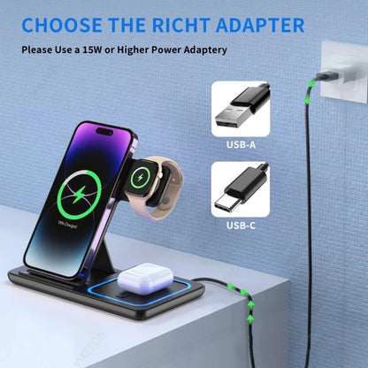 Carregador Sem Fio 3 em 1 Dobrável por Indução – Estação de Carga Rápida 15W para iPhone, Apple Watch e AirPods