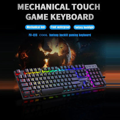 Kit Teclado Mecânico Gamer 104 Teclas Retroiluminado Rainbow e Mouse Com Fio – À Prova de Respingos