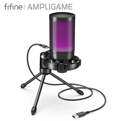 Microfone Gamer FIFINE AmpliGame A2 USB RGB Condensador Cardioide com Mute Touch