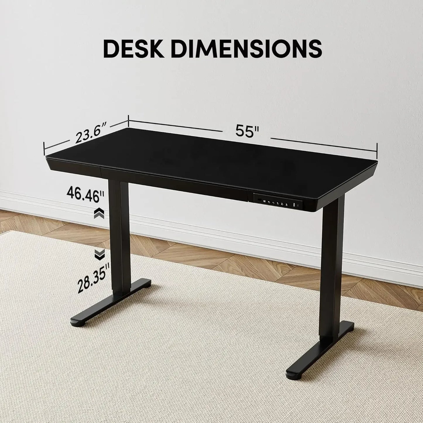 Mesa Ergonômica Elevatória Elétrica com Tampo de Vidro Inteiriço de 55" e Gavetas Integradas