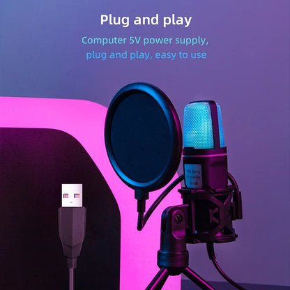 Microfone Condensador USB RGB YTYIN – Microfone de Mesa com Redução de Ruído para Streaming, Podcasts, Gravação em Estúdio, PC e Notebook