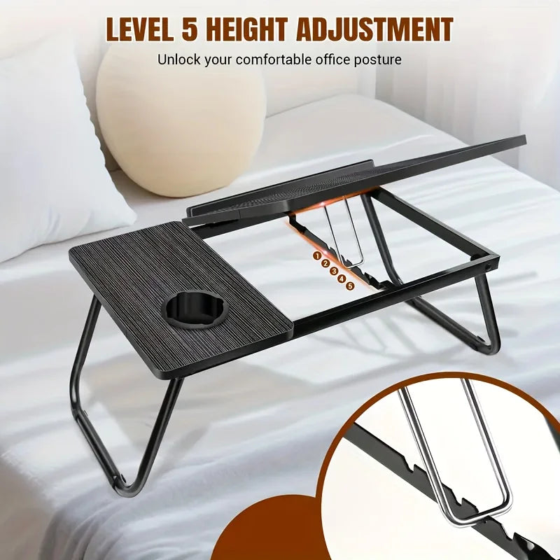 Mesa de Colo Multi-Funcional com Suporte para Copo SCSTARTX – Bandeja Dobrável Portátil, Tampo de Madeira com Ajuste de Altura e Estrutura de Ferro para Laptop
