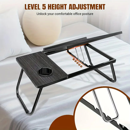 Mesa de Colo Multi-Funcional com Suporte para Copo SCSTARTX – Bandeja Dobrável Portátil, Tampo de Madeira com Ajuste de Altura e Estrutura de Ferro para Laptop
