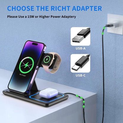 Carregador Sem Fio 3 em 1 Dobrável por Indução – Estação de Carga Rápida 15W para iPhone, Apple Watch e AirPods