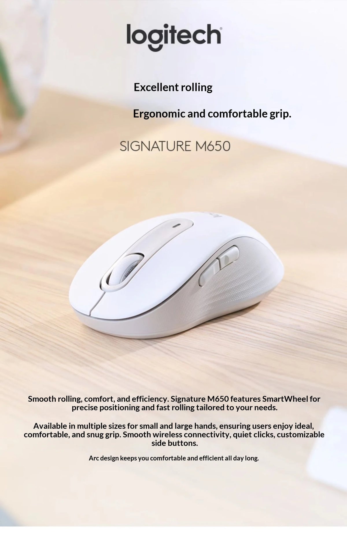 Mouse Logitech M650/M650L Sem Fio 2.4 GHz Ergonômico para PC e Notebook