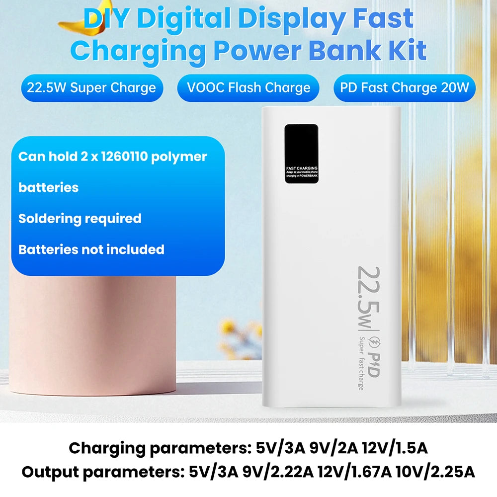 Kit Power Bank DIY diymore 20000mAh 22.5W com Display Digital para 2x Células 1260110