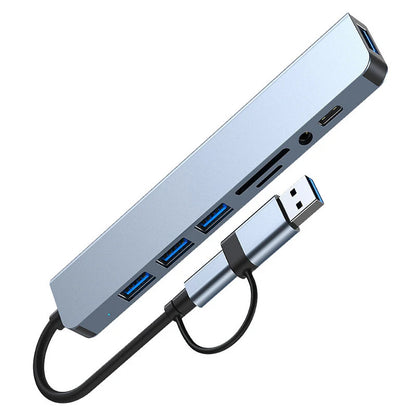 Hub Docking Station 8 em 2 USB + Type-C com Entrada de Áudio 3.5mm e Leitor de Cartão