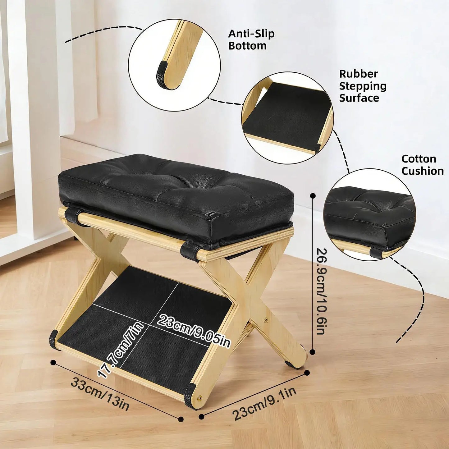Apoio de Pés Ergonômico de Dupla Camada em Madeira com Topo Estofado e Rampa Antiderrapante