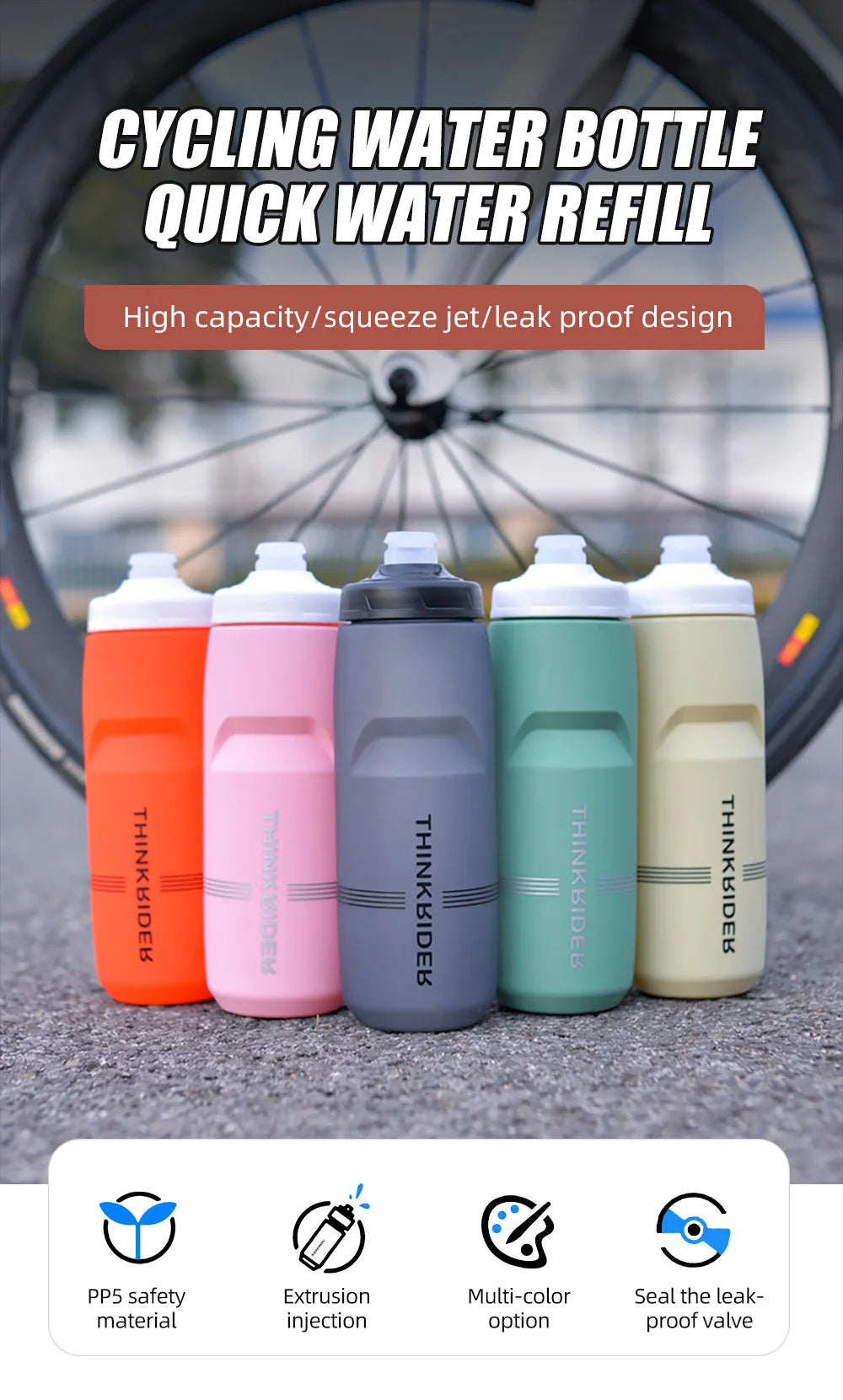 Caramanhola Squeeze ThinkRider em Polipropileno PP5 com Válvula Squeeze Jet e Protetor Contra Poeira (620ml / 750ml)