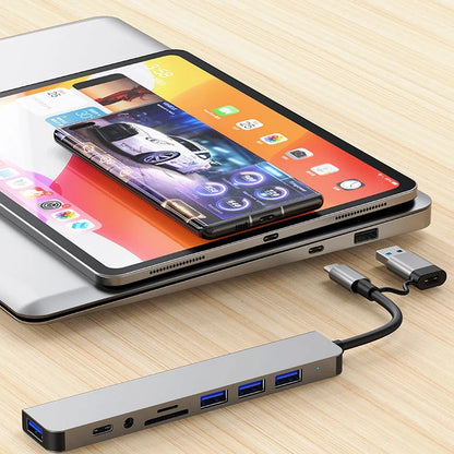 Hub Docking Station 8 em 2 USB + Type-C com Entrada de Áudio 3.5mm e Leitor de Cartão