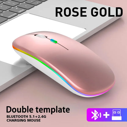 Mouse Sem Fio Dual Mode (Bluetooth + 2.4Ghz) Recarregável com Iluminação RGB e Teclas Silenciosas