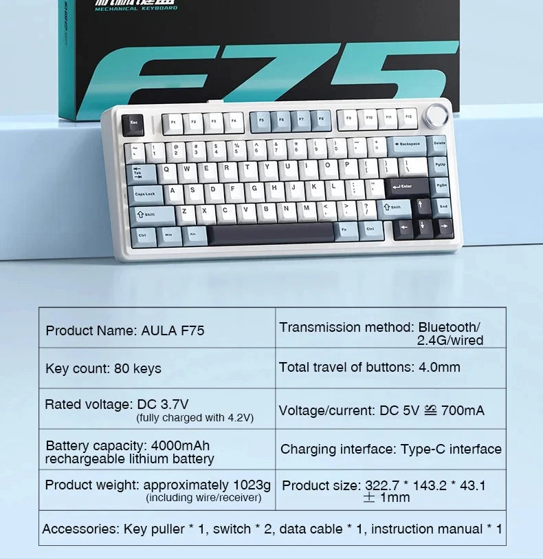 Teclado Mecânico Gamer AULA F75 75% RGB Hot-Swap Bluetooth 2.4G USB