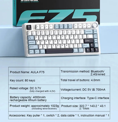 Teclado Mecânico Gamer AULA F75 75% RGB Hot-Swap Bluetooth 2.4G USB