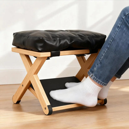 Apoio de Pés Ergonômico de Dupla Camada em Madeira com Topo Estofado e Rampa Antiderrapante
