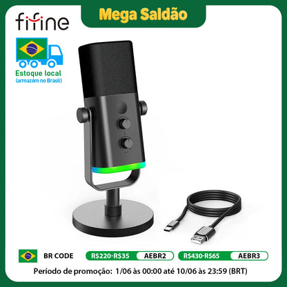 Microfone Dinâmico USB/XLR FIFINE AmpliGame AM8 – Microfone de Mesa com Controle RGB, Botão Touch-Mute, Saída para Fone e Suporte Integrado para Games, Streaming e Podcasts