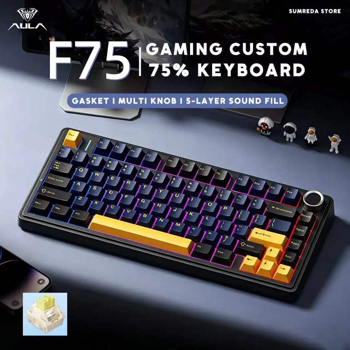 Teclado Mecânico Gamer AULA F75 75% RGB Hot-Swap Bluetooth 2.4G USB