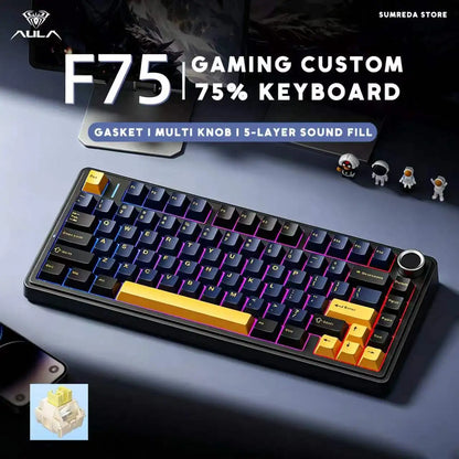 Teclado Mecânico Gamer AULA F75 75% RGB Hot-Swap Bluetooth 2.4G USB