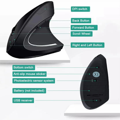 Mouse Vertical Ergonômico Sem Fio 2.4GHz – 6 Botões e DPI Ajustável para Notebook e PC