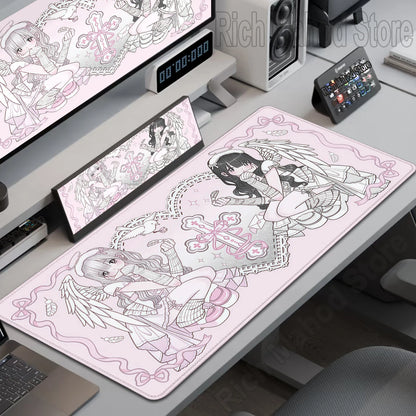 Mouse Pad Gamer Kawaii Anime Angel Girls XXL – Base Antiderrapante Rosa