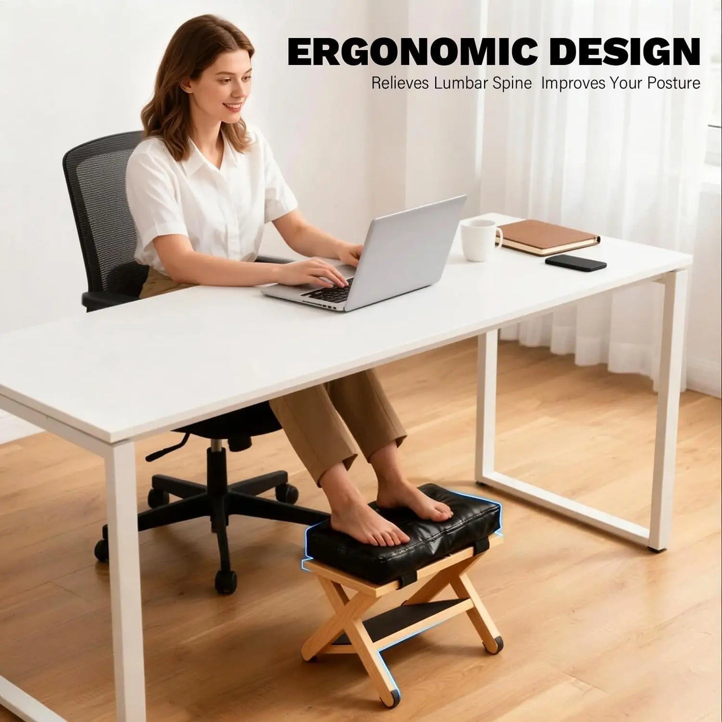 Apoio de Pés Ergonômico de Dupla Camada em Madeira com Topo Estofado e Rampa Antiderrapante