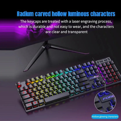 Kit Teclado Mecânico Gamer 104 Teclas Retroiluminado Rainbow e Mouse Com Fio – À Prova de Respingos