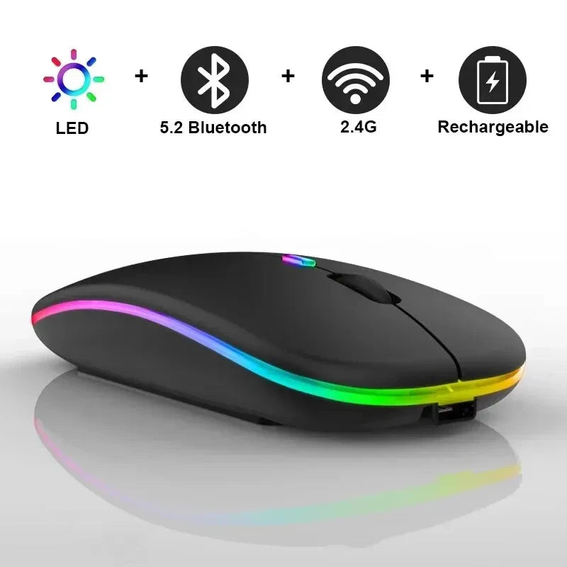 Mouse Sem Fio Recarregável Dual Mode (Bluetooth 5.2 + 2.4GHz) – Clique Silencioso e Iluminação LED Backlit