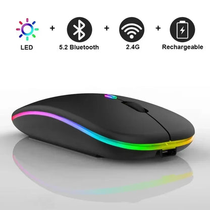 Mouse Sem Fio Recarregável Dual Mode (Bluetooth 5.2 + 2.4GHz) – Clique Silencioso e LED