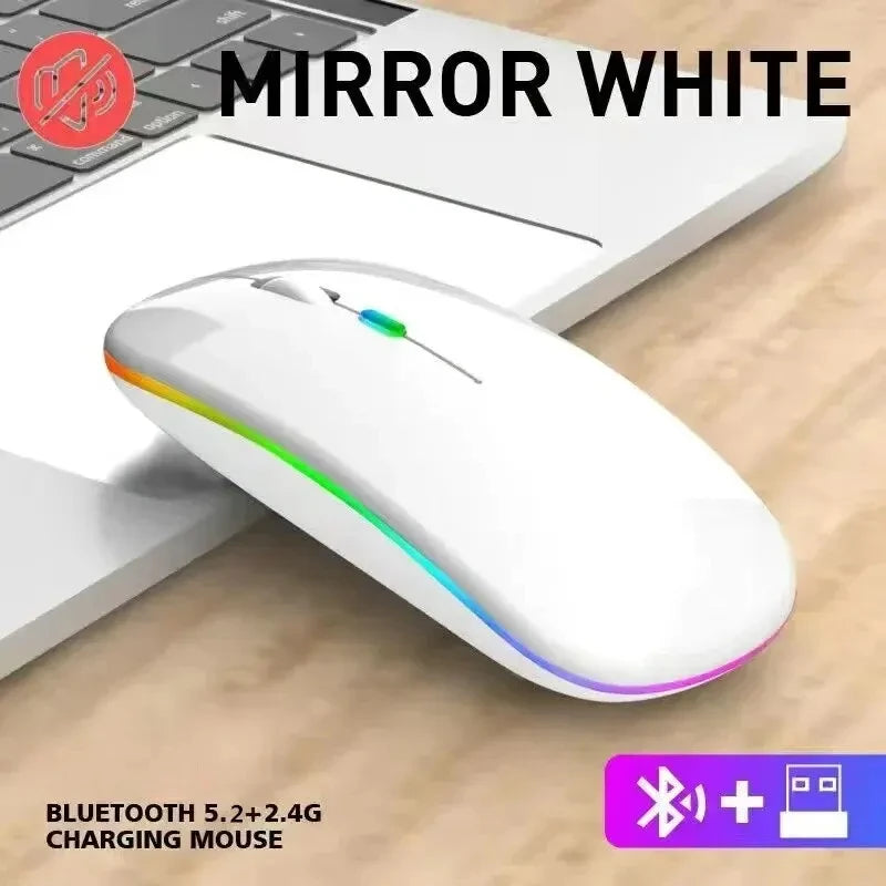 Mouse Sem Fio Recarregável Dual Mode (Bluetooth 5.2 + 2.4GHz) – Clique Silencioso e Iluminação LED Backlit