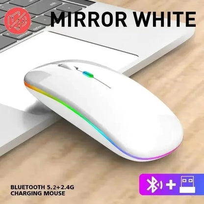 Mouse Sem Fio Recarregável Dual Mode (Bluetooth 5.2 + 2.4GHz) – Clique Silencioso e LED